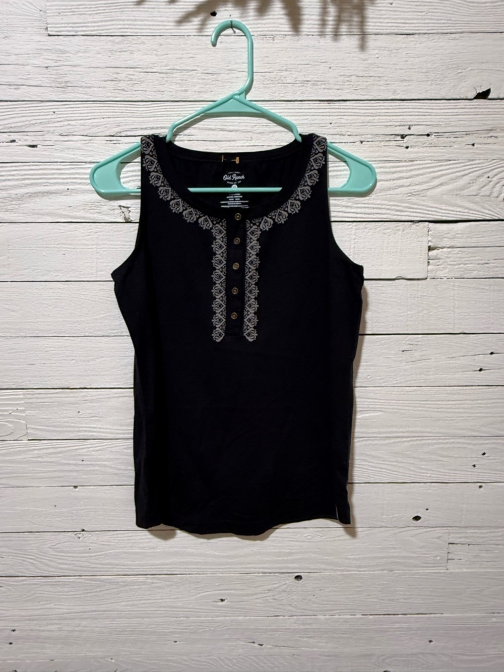 Old Ranch Black Sleeveless Henley Tank with White Embroidery Womens